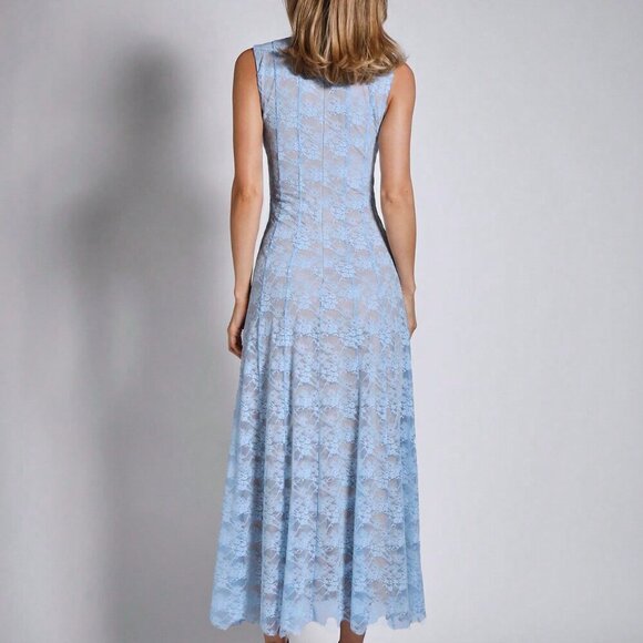 Blue Elegant Women's Lace Sleeveless Mid-Length Dress - Picture 2 of 7